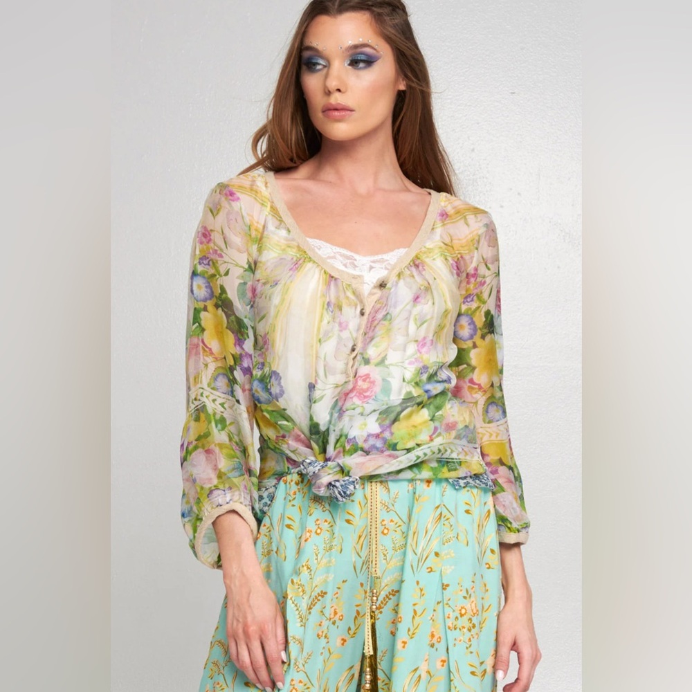 ARATTA Floral Chiffon Summer Kisses  Women's Top Blouse Size Small